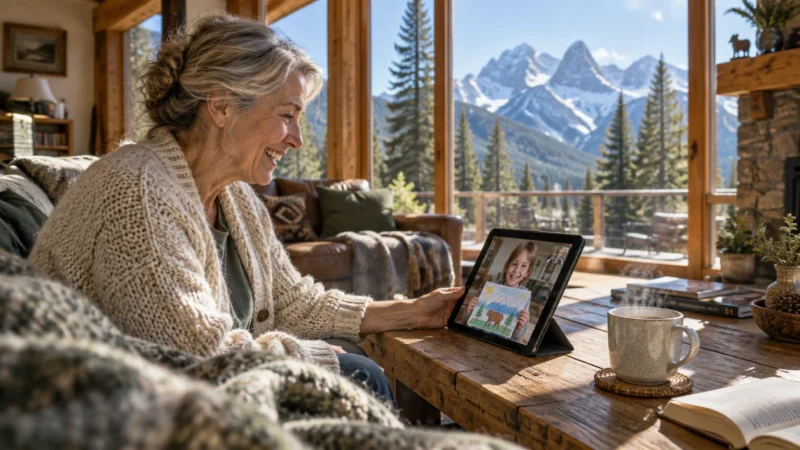 Smiling older woman on a video call using a tablet indoors, with large windows overlooking snow-dusted mountains.