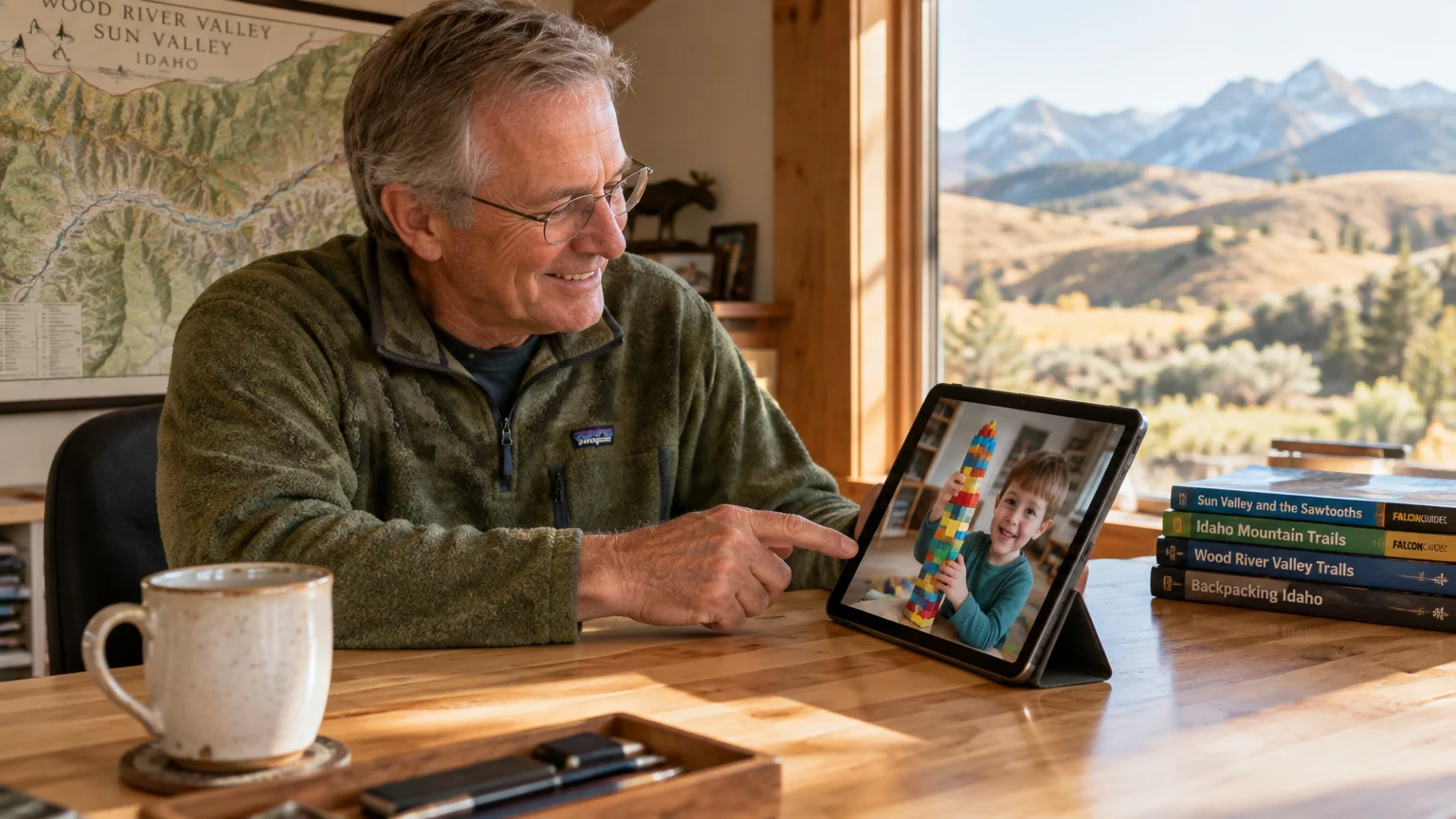 Older man smiling while video chatting with a child on a tablet at a desk overlooking sunlit mountains.