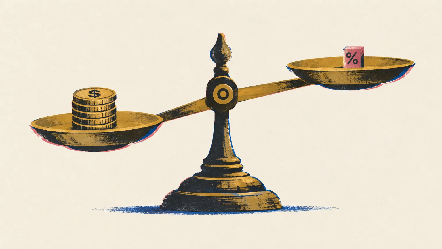 Illustration of a balance scale with a stack of gold coins weighing down the left side and a small percent block on the right.