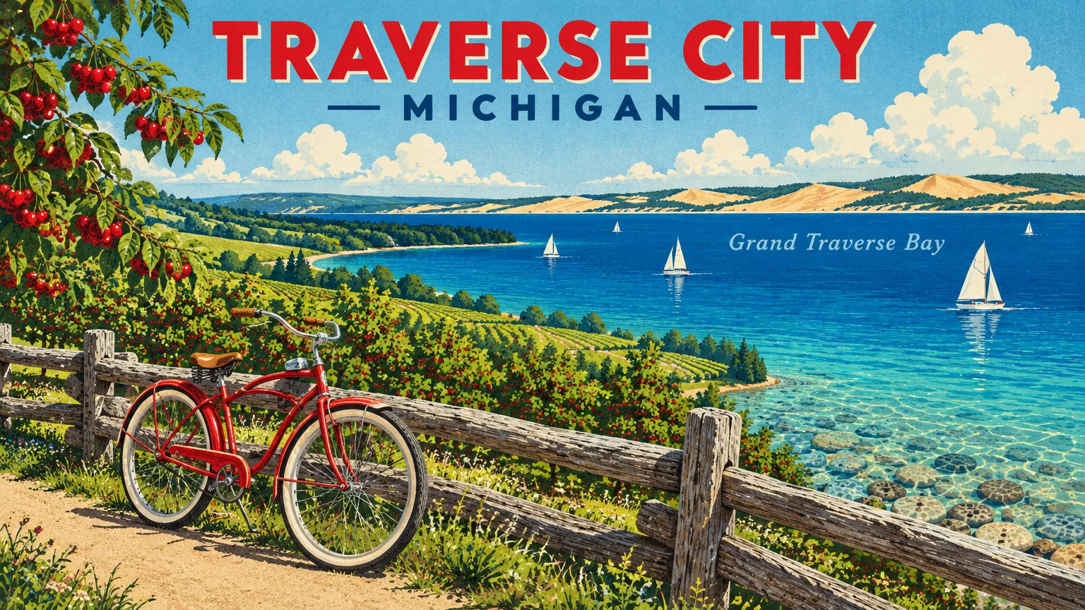 Illustration of Grand Traverse Bay with sailboats on clear water, cherry trees, and a red bicycle parked by a wooden fence.