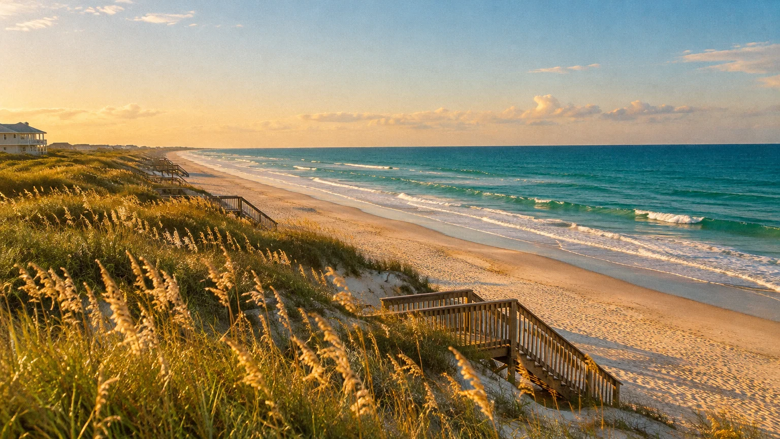 Wooden stairs leading over grassy sand dunes toward an expansive sandy beach and turquoise ocean under a warm sky.