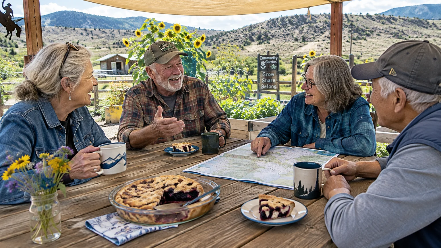 Four smiling seniors sit at an outdoor wooden table with coffee, berry pie, and a map near a community garden.