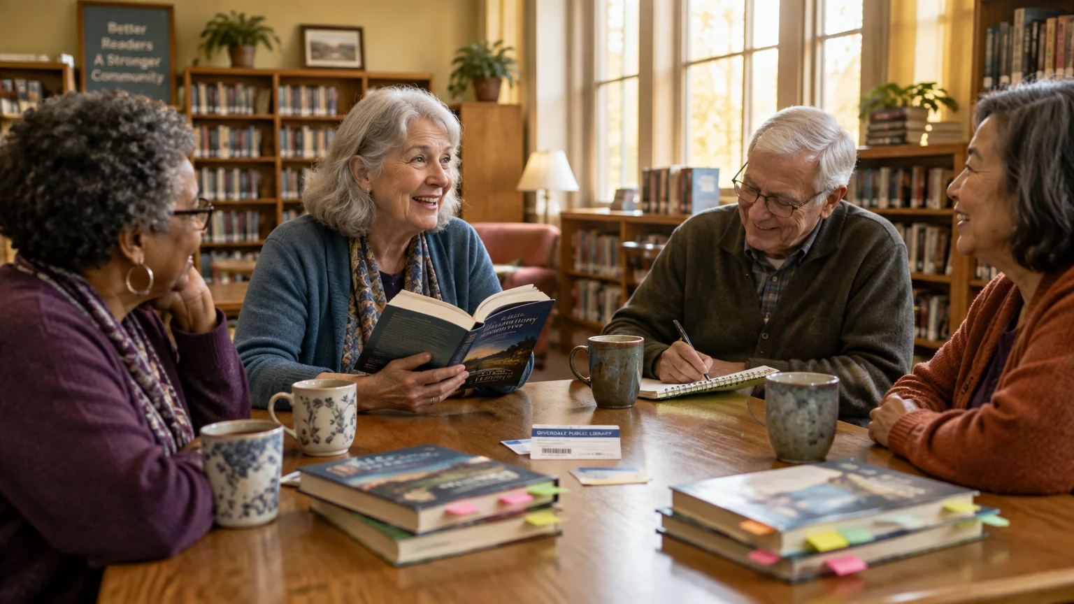 Four diverse older adults sit around a wooden library table smiling, holding books, taking notes, and drinking coffee.