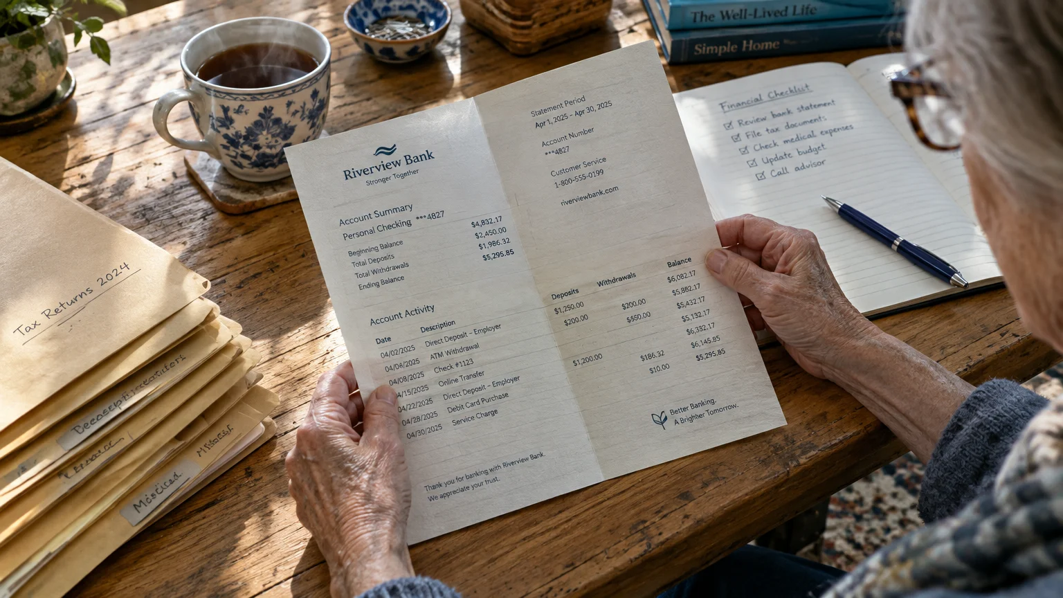 An older person reviewing a paper bank statement at a wooden desk with a notebook, pen, folders, and tea.