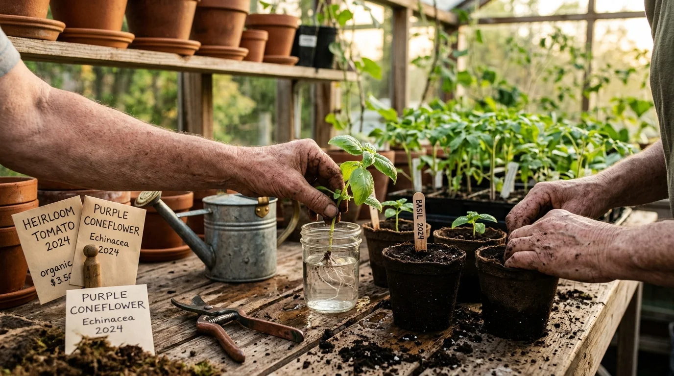 Gardeners potting seedlings and holding a rooted basil cutting in water near seed packets on a rustic potting bench.