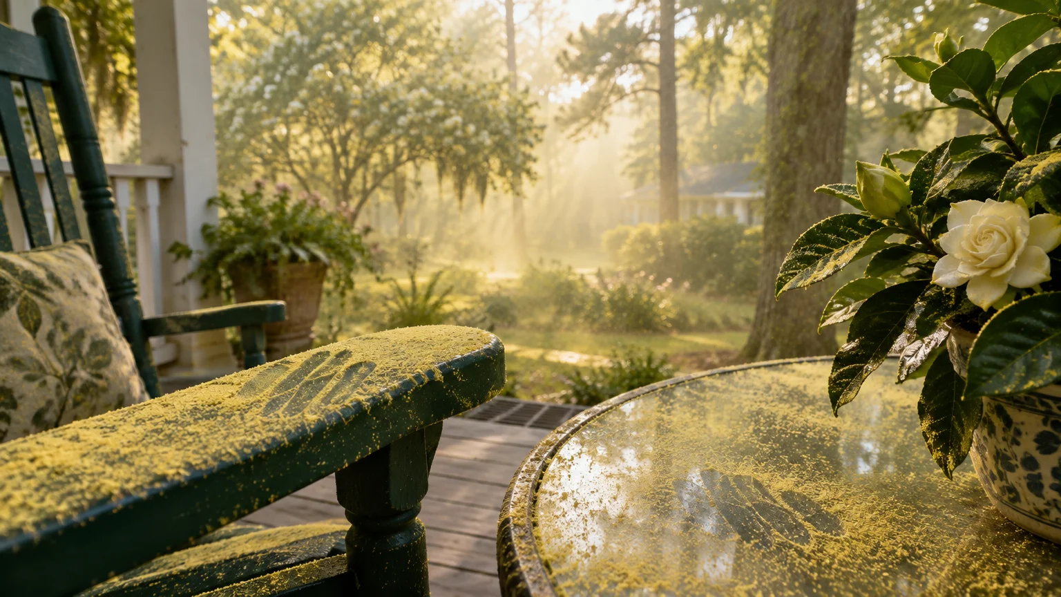 Thick yellow pollen dusting a porch rocking chair and glass table with a sunny garden in the background.