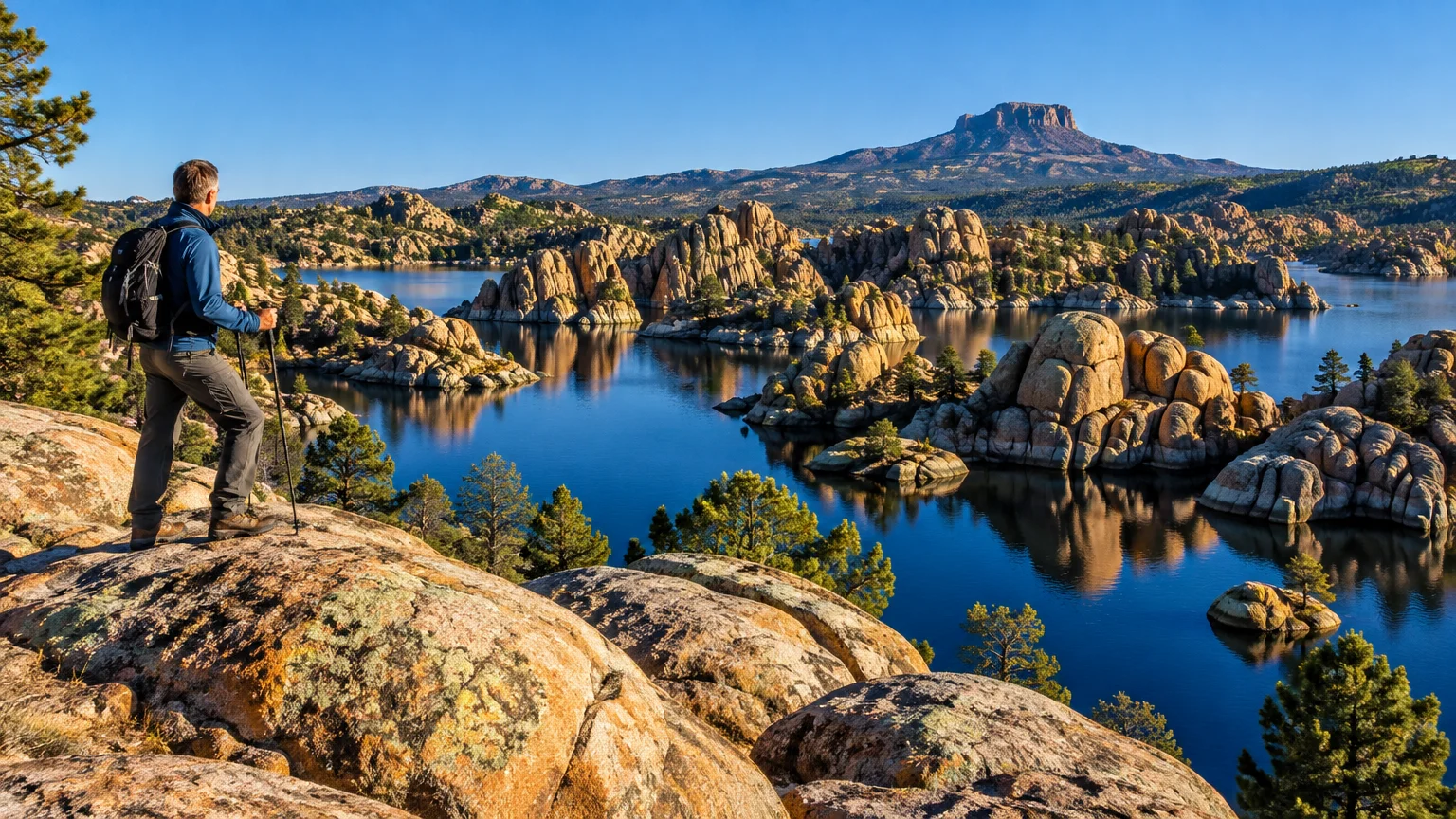 A hiker standing on rounded boulders overlooks Watson Lake with rock formations, pine trees, and a distant mountain peak.