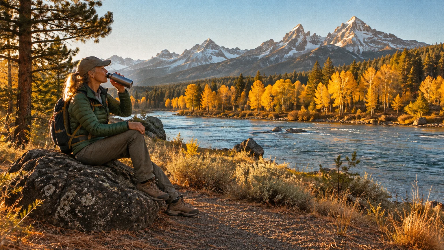 A hiker sits on a rock drinking water beside a river lined with golden autumn trees and snow-dusted mountains.
