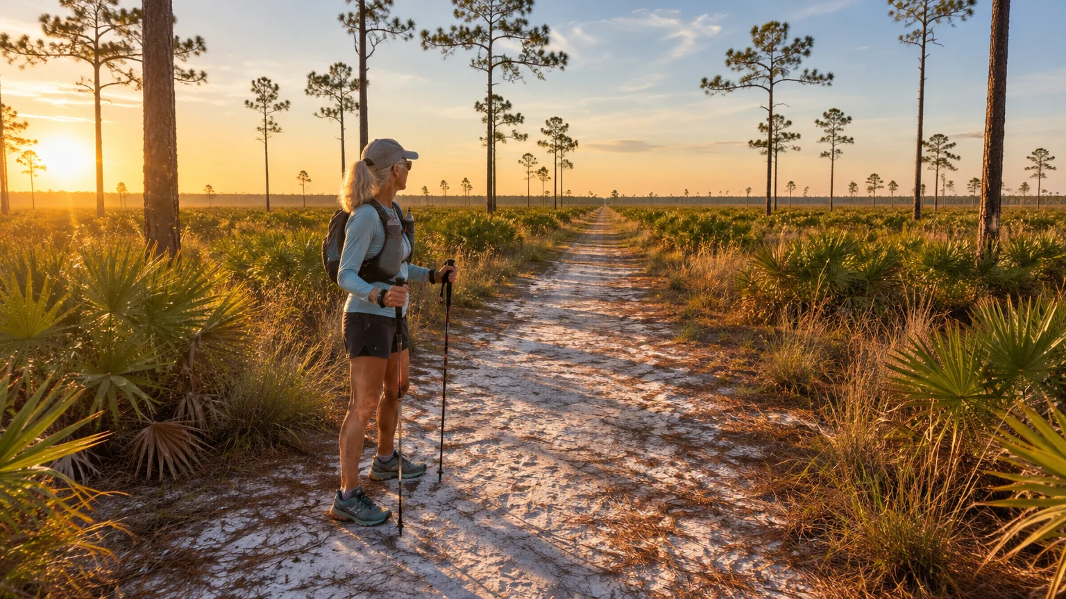A hiker with trekking poles stands on a straight, sandy trail running through a flat pine savanna at sunrise.