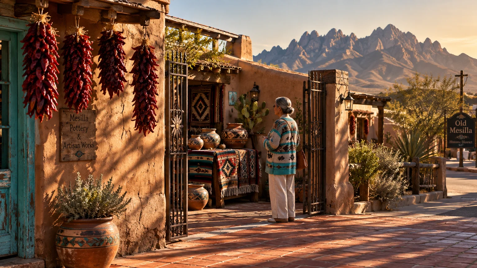 Woman standing outside an adobe pottery shop with hanging chile ristras and rugged mountains in the background.