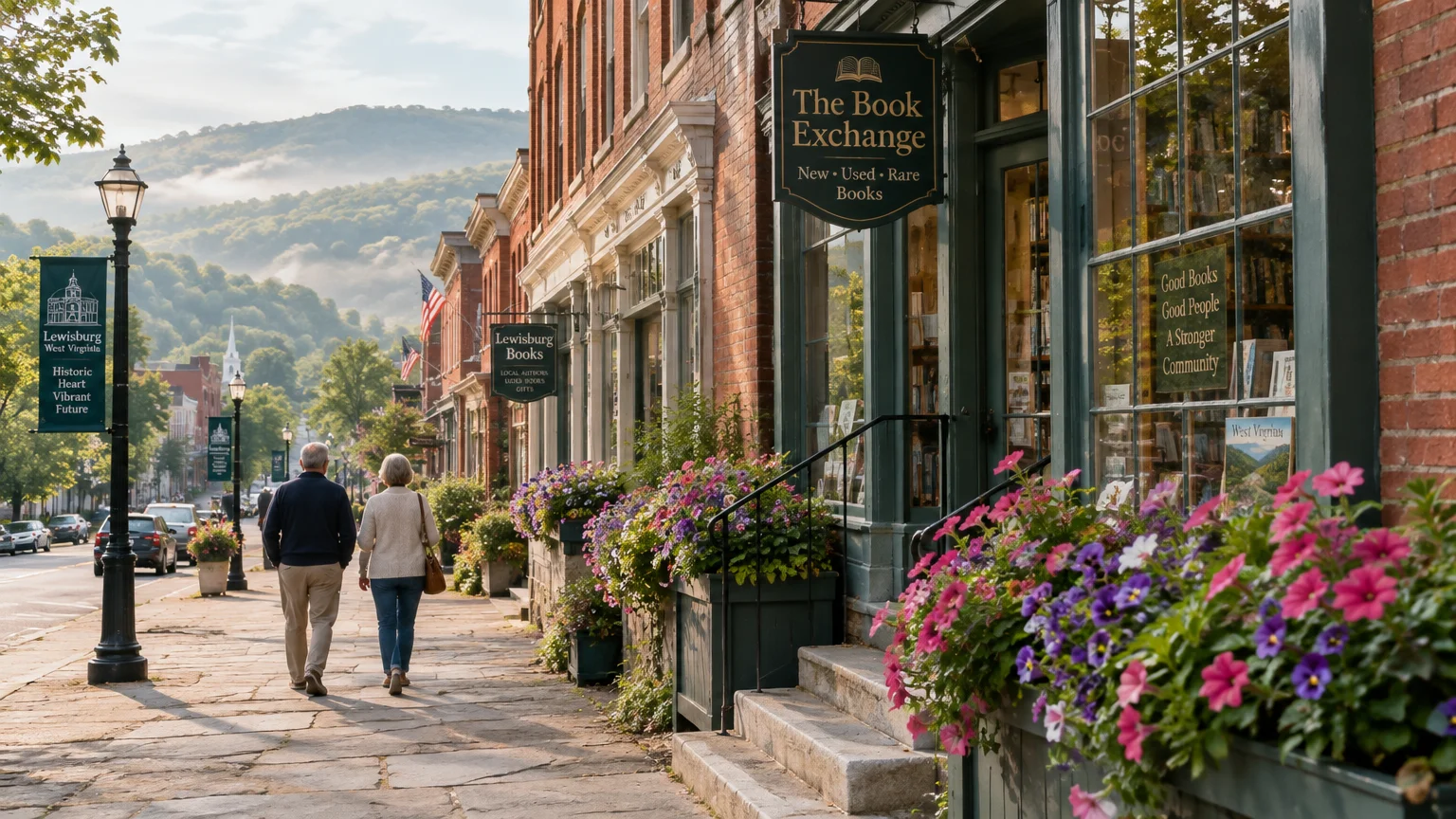 A couple walks along a stone sidewalk past brick storefronts with flower boxes under hazy green mountains.