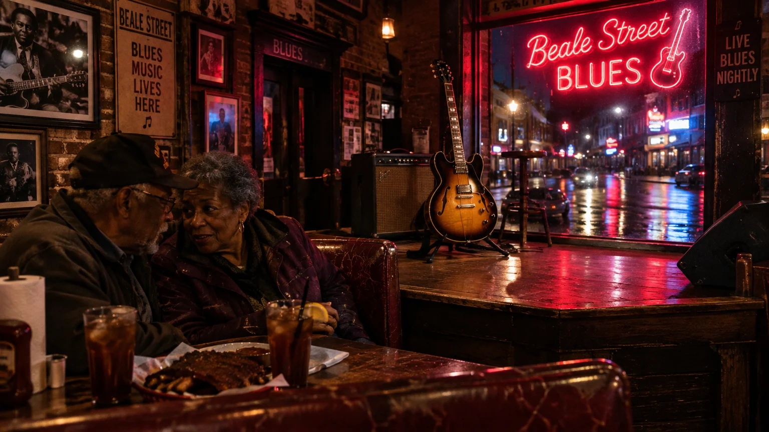 An older couple talks inside a Beale Street blues club booth beside an electric guitar and neon window sign.