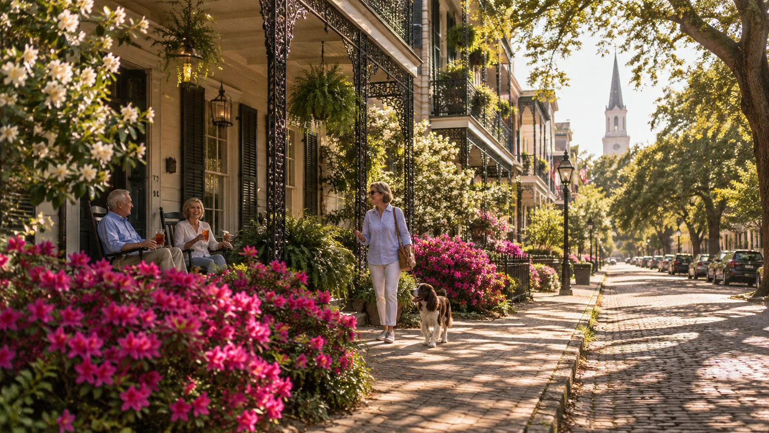 A cobblestone street lined with historic homes featuring wrought-iron porches, blooming pink flowers, and people relaxing.