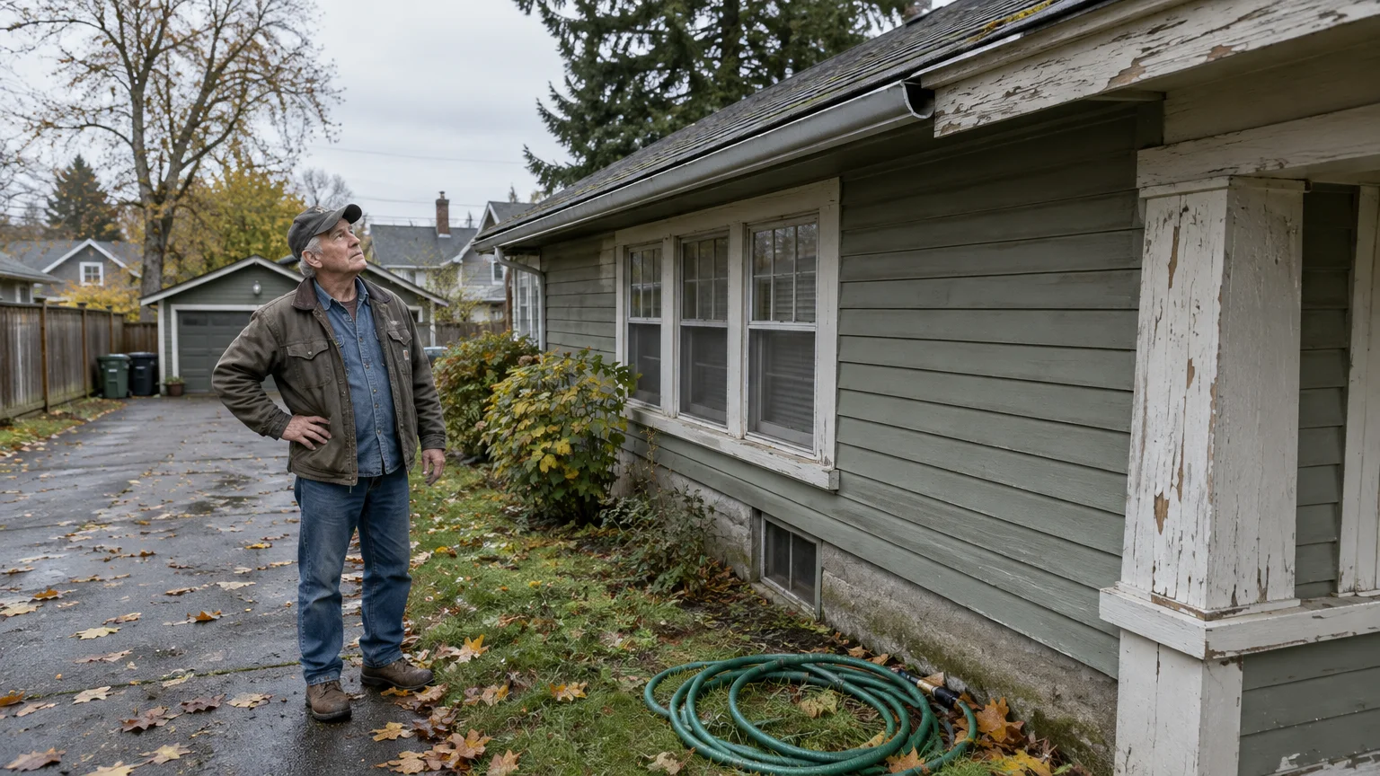 An older man stands in a wet driveway, looking up at the peeling paint and roofline of a green house.