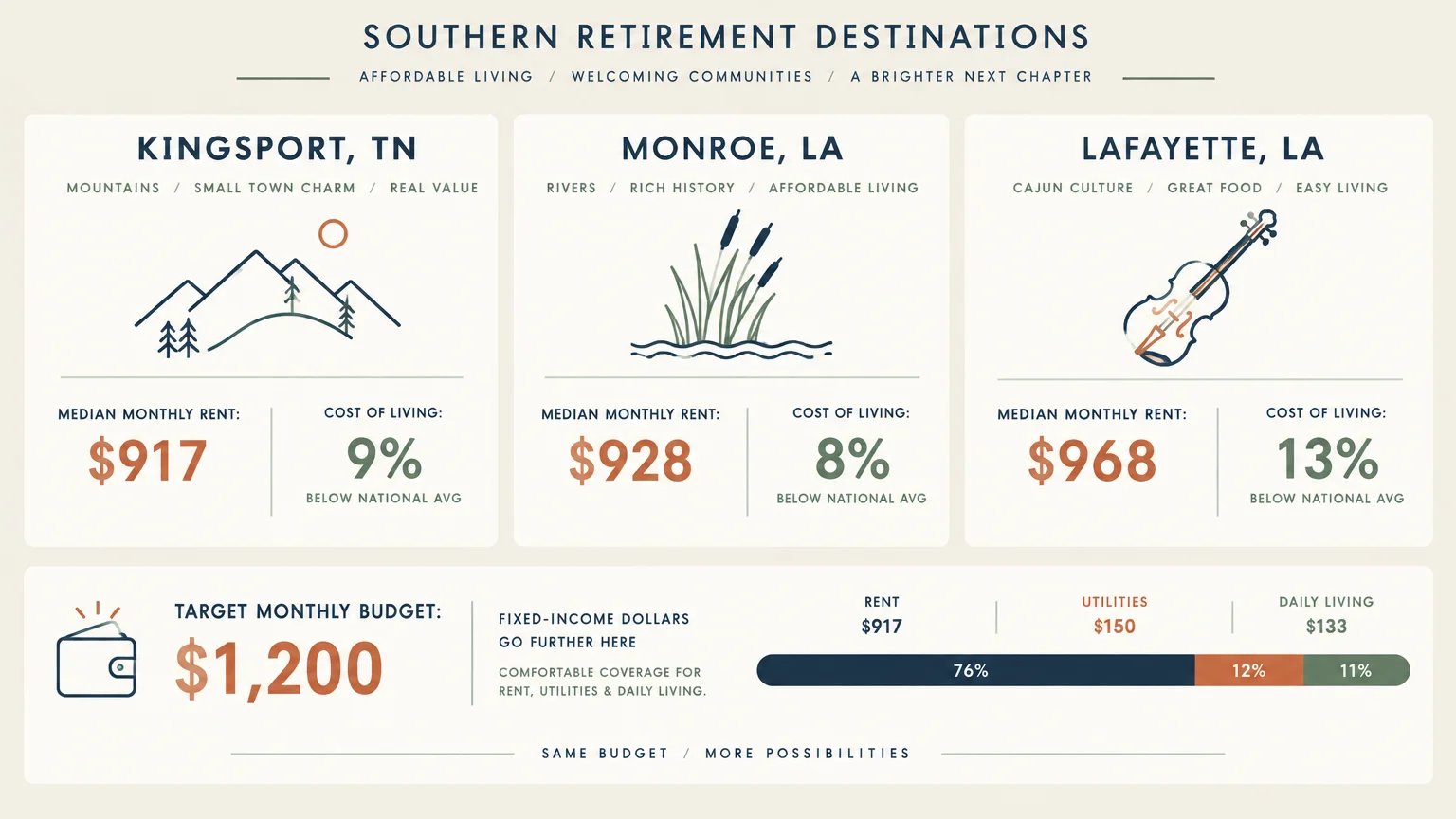 Infographic comparing rent, cost of living, and a 1,200-dollar monthly budget across Kingsport, Monroe, and Lafayette.