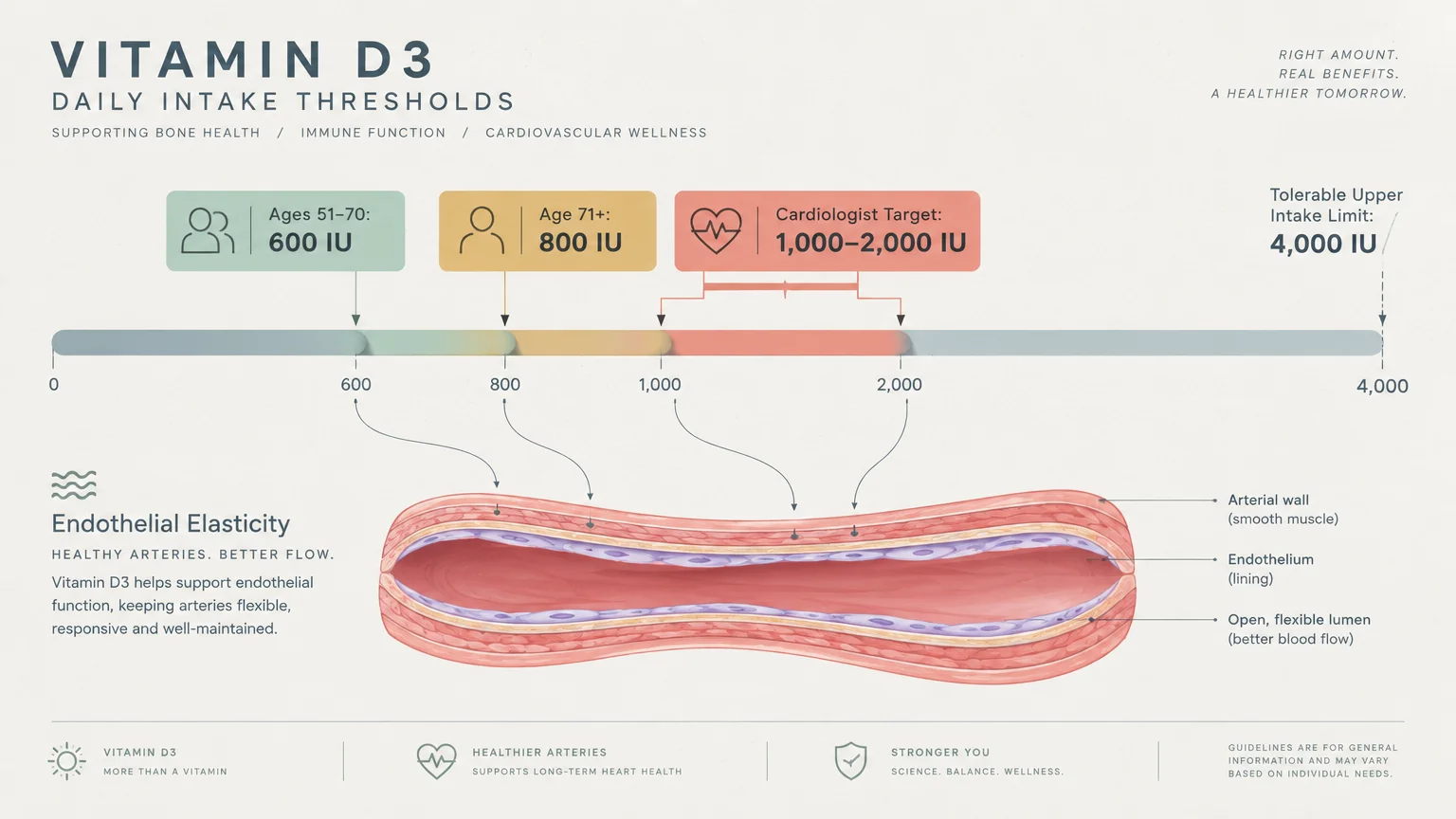 Diagram of vitamin D3 daily intake thresholds on a scale from 0 to 4,000 IU above a cross-section of a flexible artery.