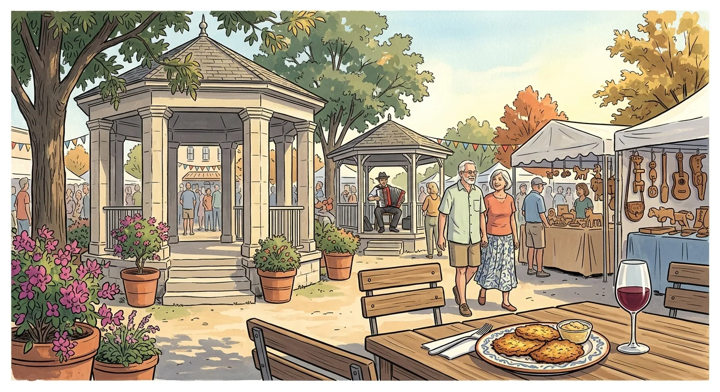 Illustration of gazebos, craft market stalls, and an outdoor dining table with visitors walking through a festival park.