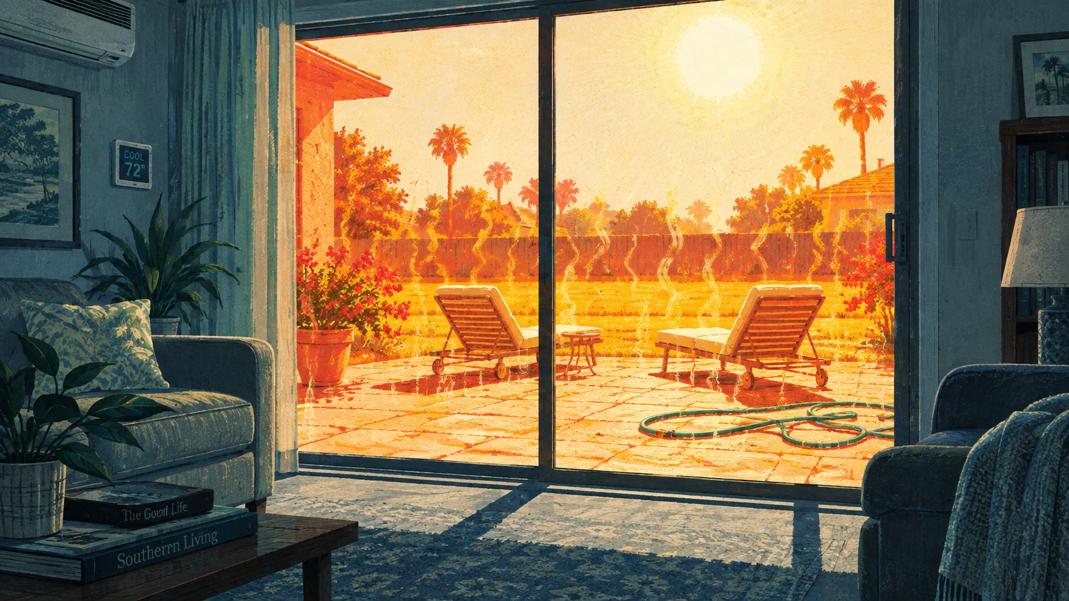 View through a sliding glass door of an empty, sun-baked patio with lounge chairs under intense heat waves.