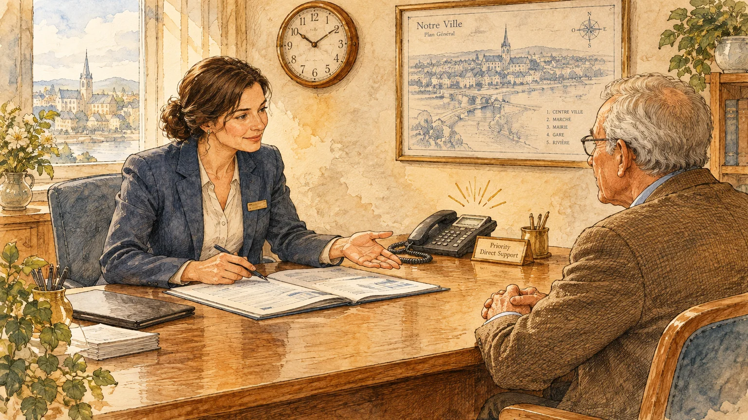 Watercolor illustration of a female banker seated at a wooden desk consulting with an elderly male client.