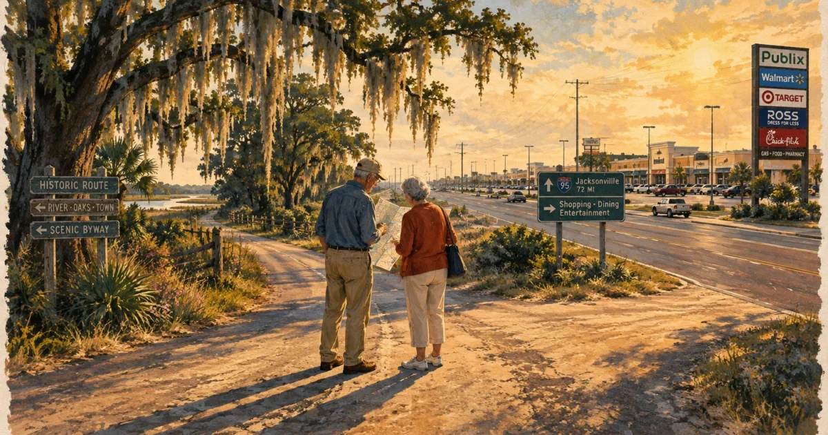 Older couple holding a map at a fork between a mossy dirt road and a busy commercial highway lined with strip malls.