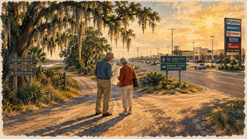 Older couple holding a map at a fork between a mossy dirt road and a busy commercial highway lined with strip malls.