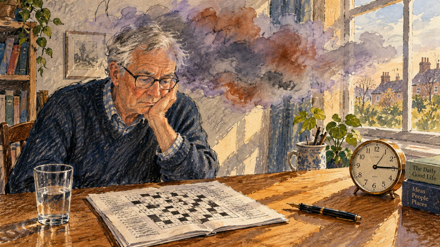 Watercolor illustration of an older man with glasses resting his head in his hand while working on a crossword puzzle.