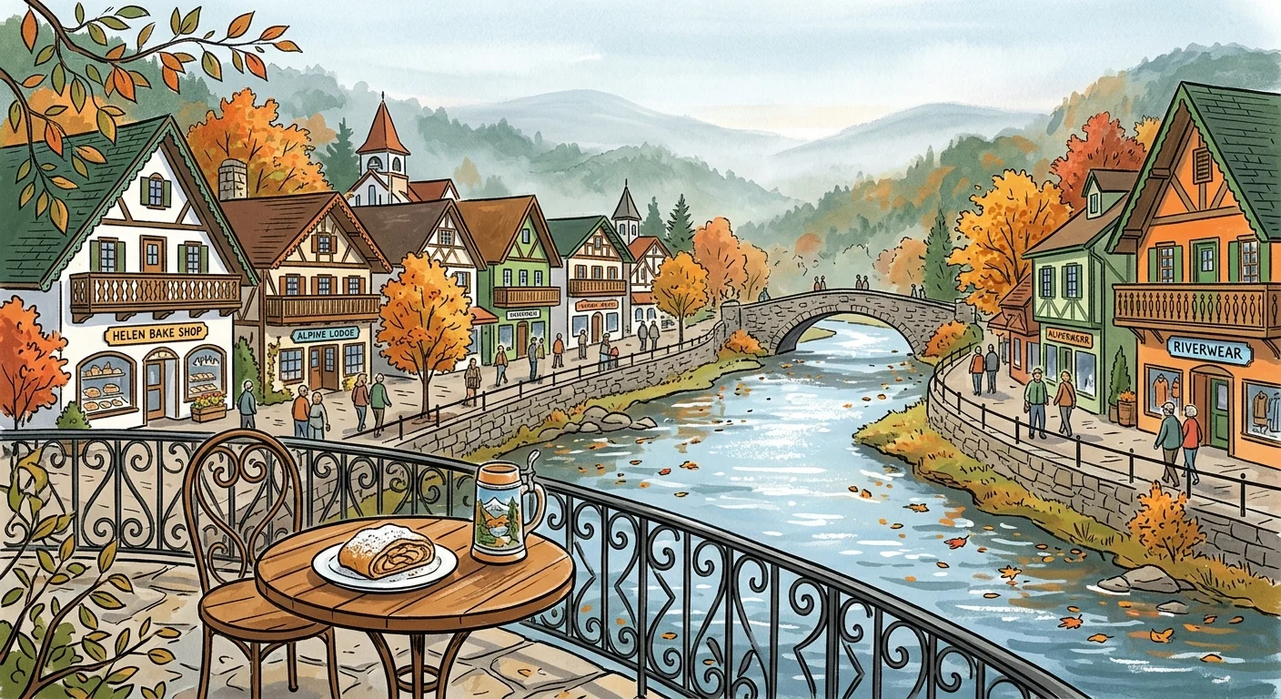 Illustration of an alpine town along a river in autumn, with a beer stein and pastry on an outdoor patio table.
