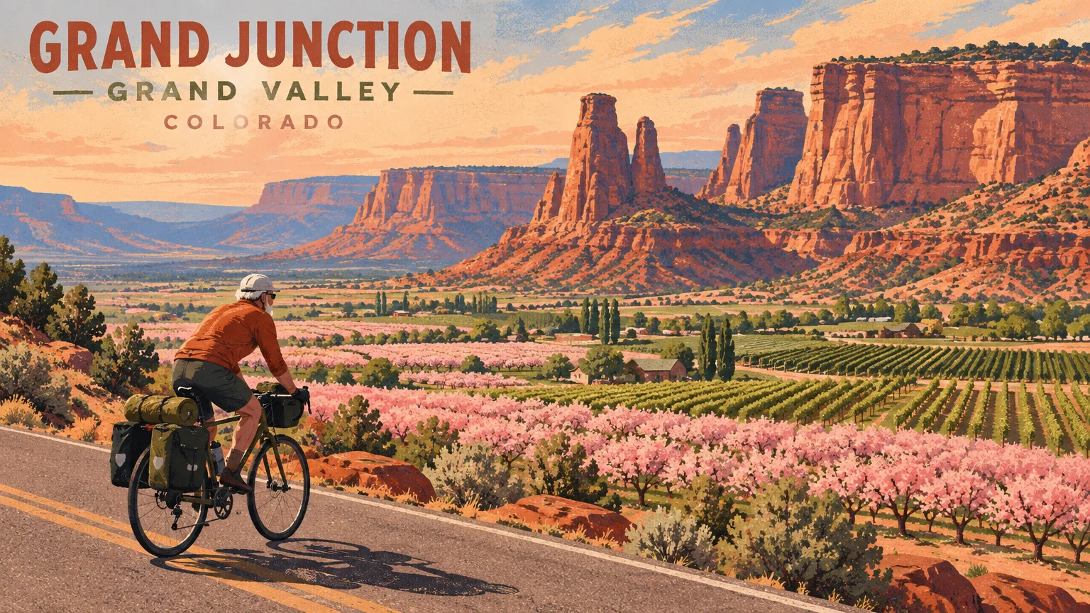 Illustration of a cyclist riding past pink blossoming orchards, vineyards, and red rock canyons in Grand Valley, Colorado.