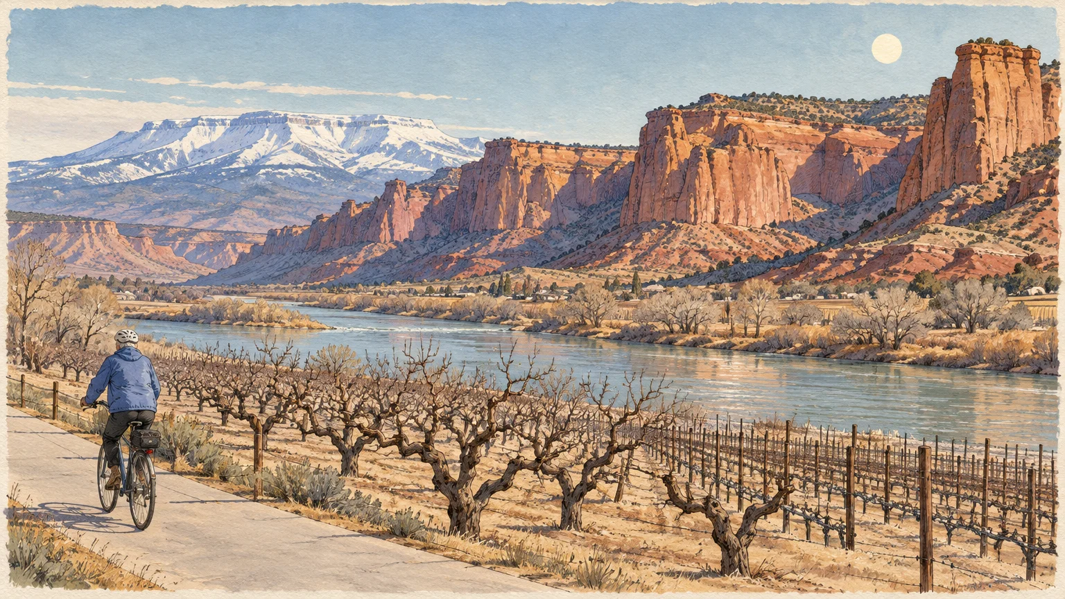 Cyclist on a paved path beside bare vineyards and a wide river, with red rock bluffs and a snowy mesa in the background.