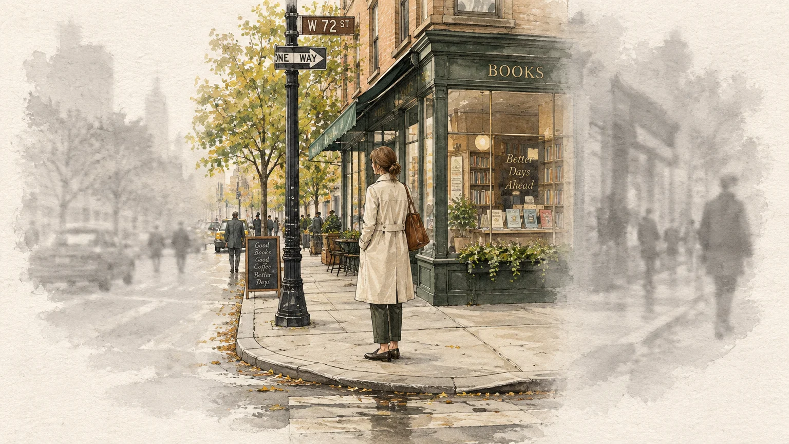 Watercolor illustration of a woman on a city corner outside a bookstore, with blurred edges representing peripheral vision loss.