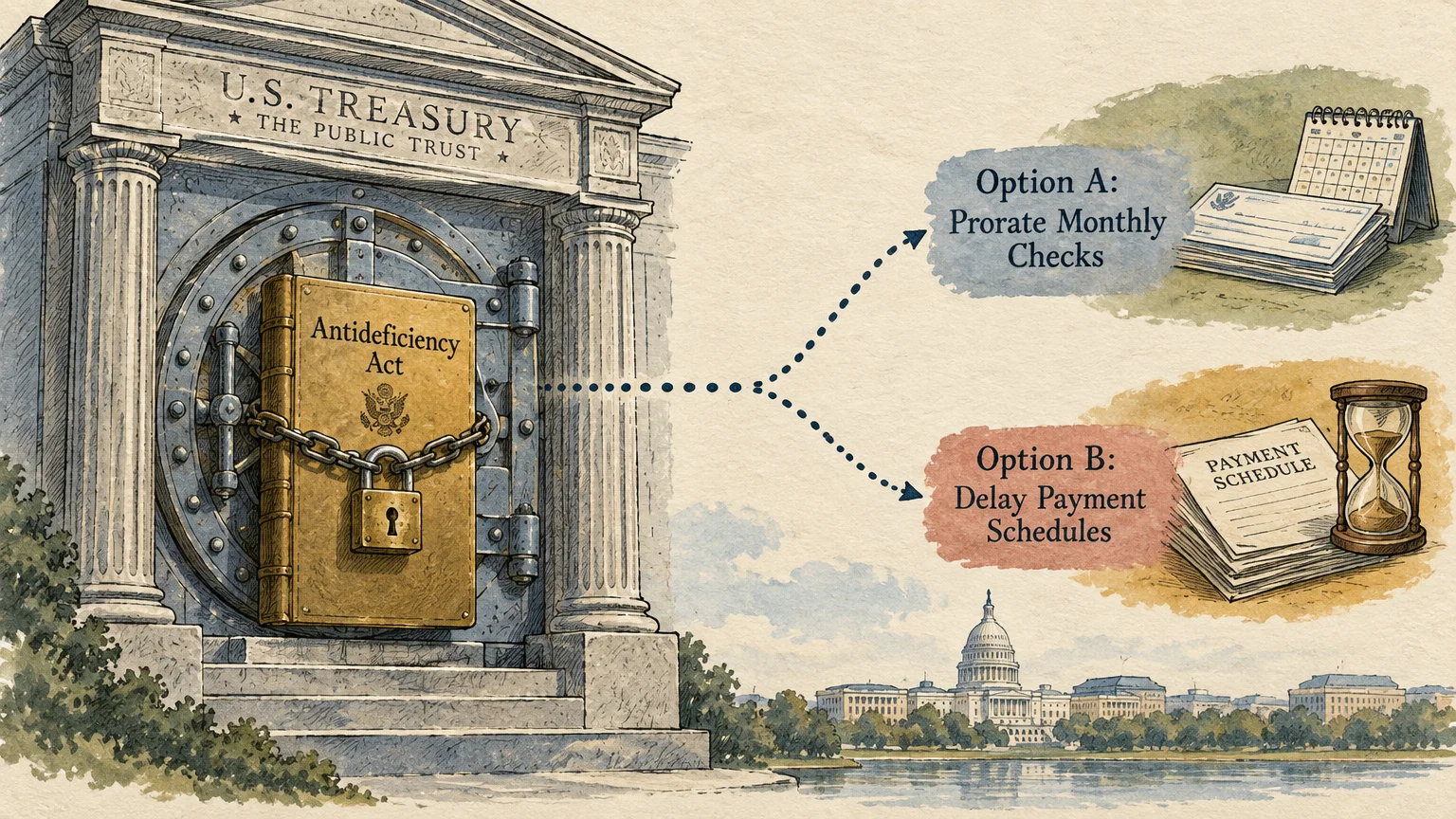 U.S. Treasury vault chained with an Antideficiency Act book, leading to options to prorate checks or delay payment schedules.
