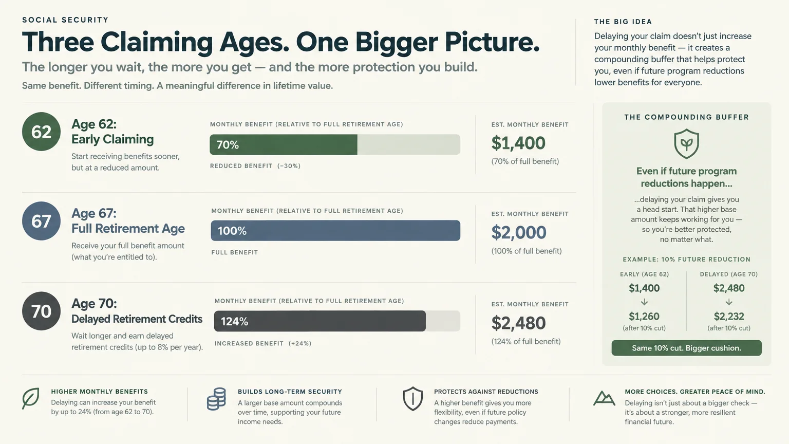 Diagram comparing monthly Social Security benefits at claiming ages 62, 67, and 70, showing higher payouts at later ages.