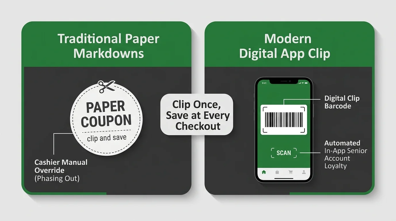 Graphic comparing traditional paper markdowns and cashier overrides to modern digital supermarket app clipping and barcodes.