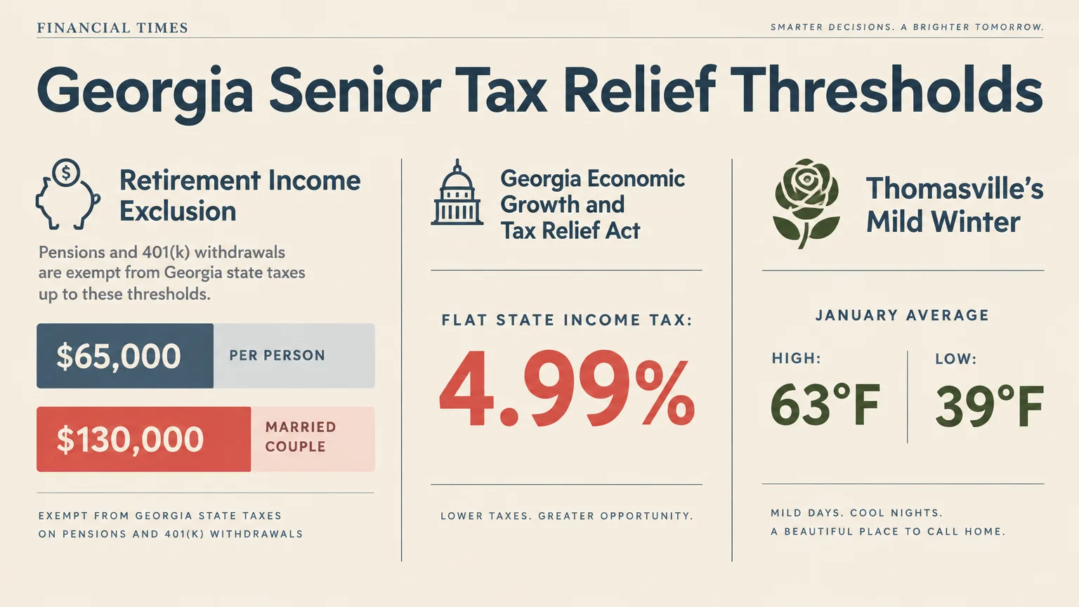 Infographic detailing Georgia senior tax relief thresholds of $65,000 per person and Thomasville winter averages.