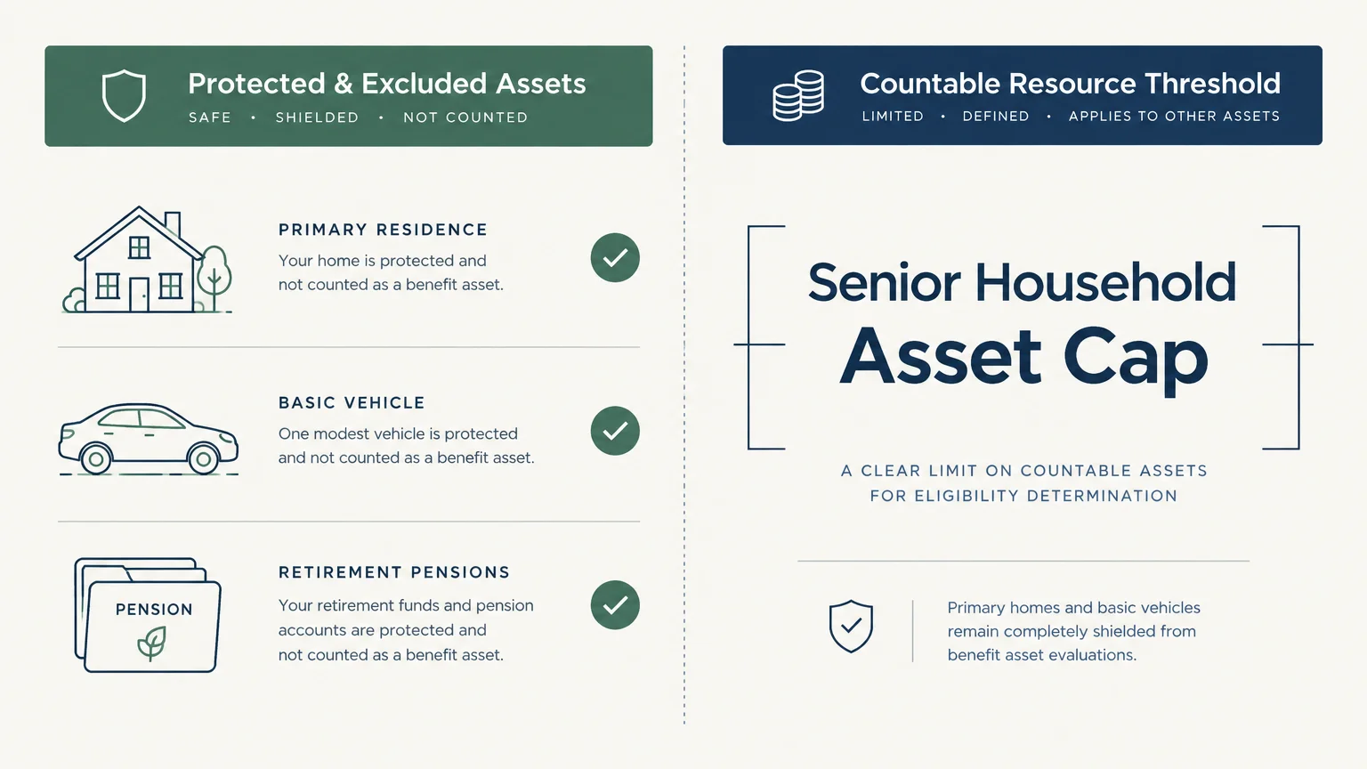 Diagram outlining protected and excluded assets alongside senior household countable resource guidelines.