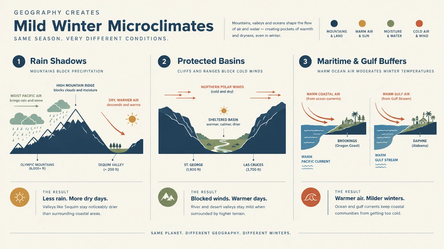 Infographic explaining how rain shadows, protected basins, and maritime buffers create mild winter microclimates.