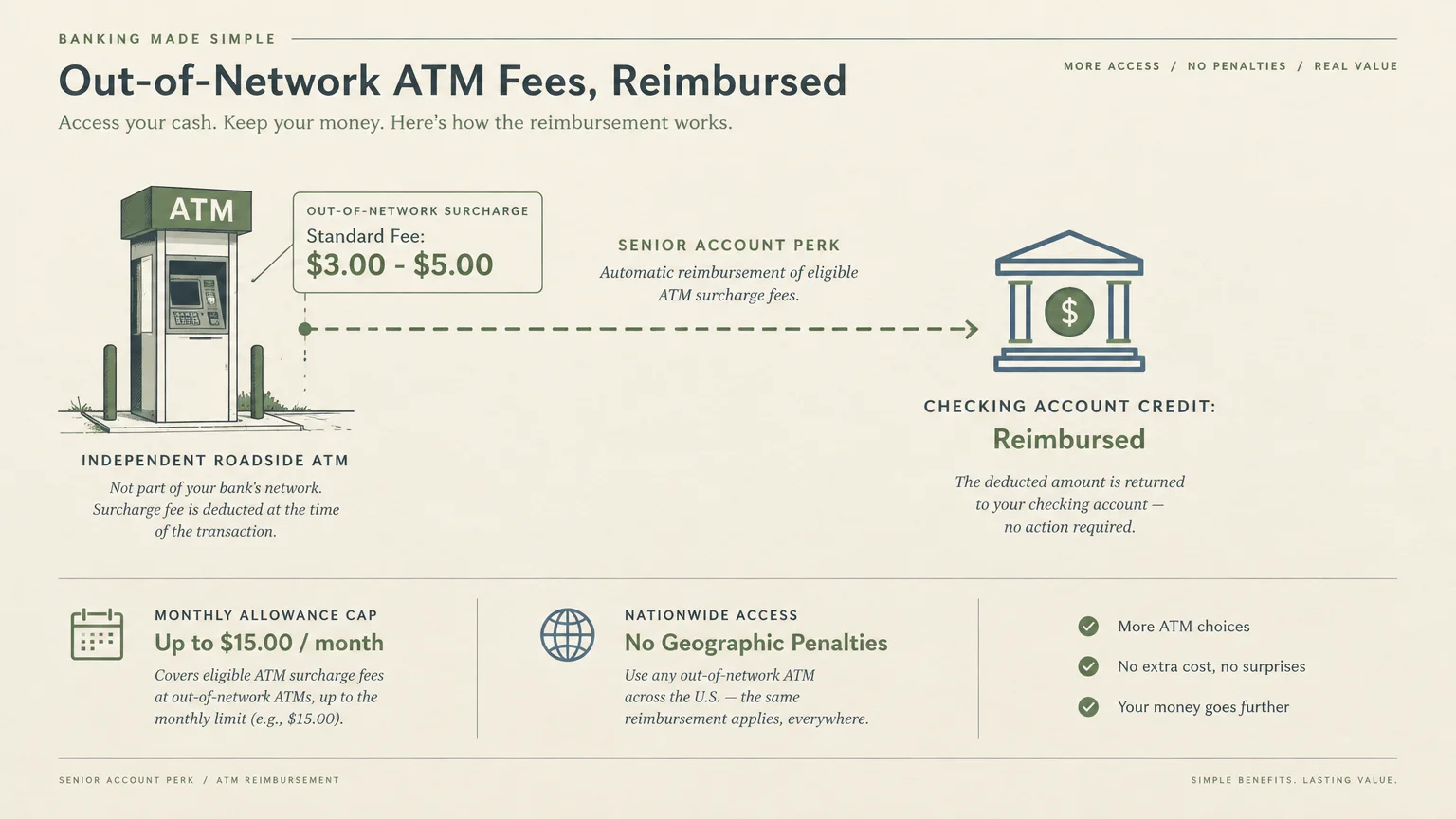 Infographic showing an ATM connecting by dashed arrow to a bank icon, explaining out-of-network surcharge reimbursements.