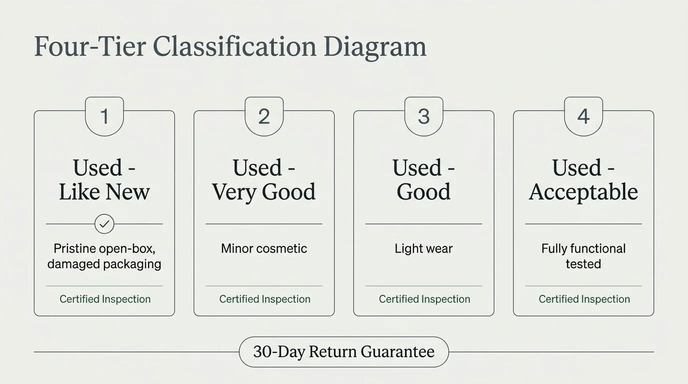 Four-tier classification diagram showing condition grades from Used - Like New to Used - Acceptable with return guarantee.