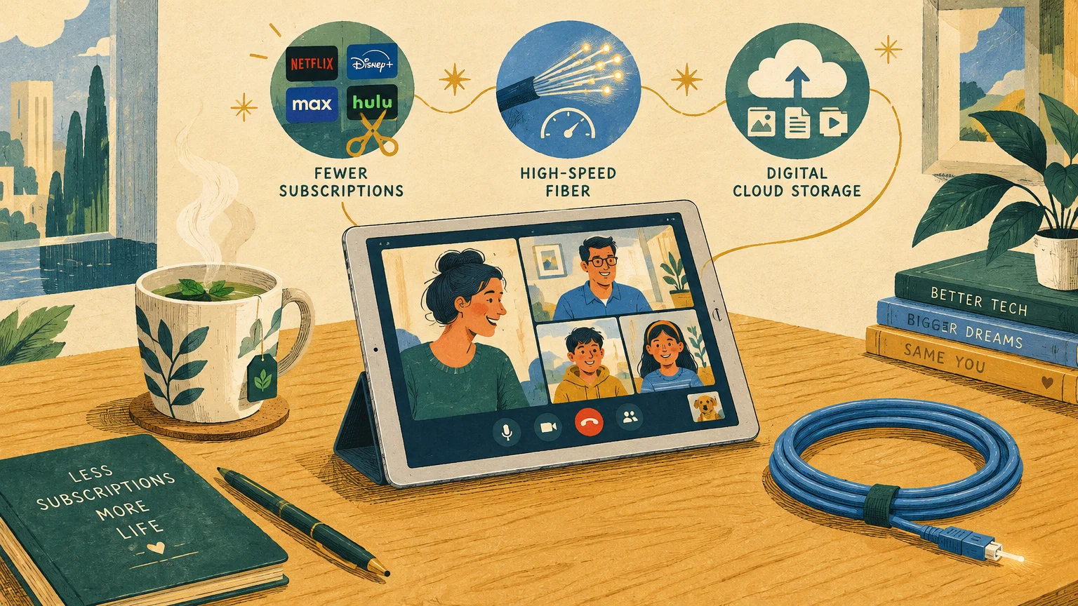Tablet showing a family video call on a desk with tea, books, a notebook, and a blue fiber optic cable.