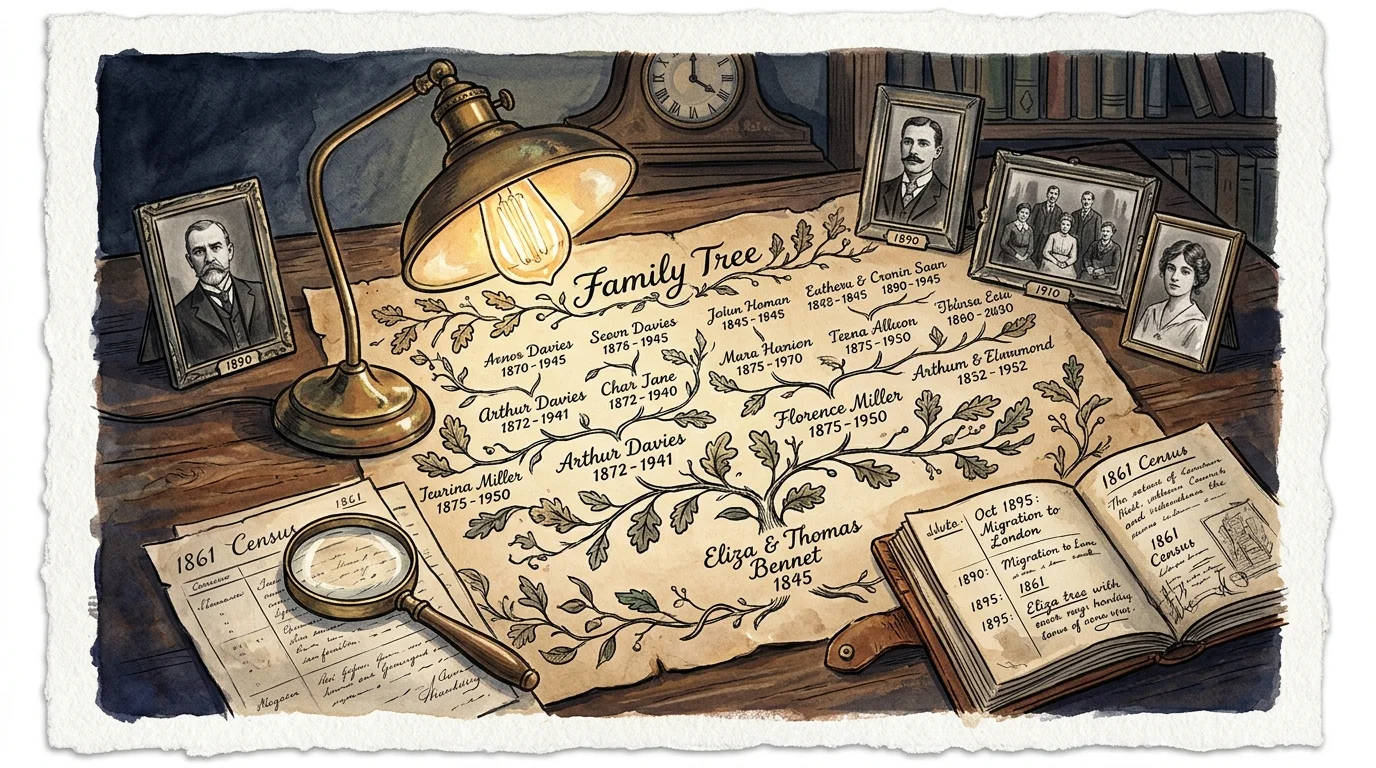Illustration of a wooden desk with a hand-drawn family tree, vintage framed photos, a desk lamp, and census records.