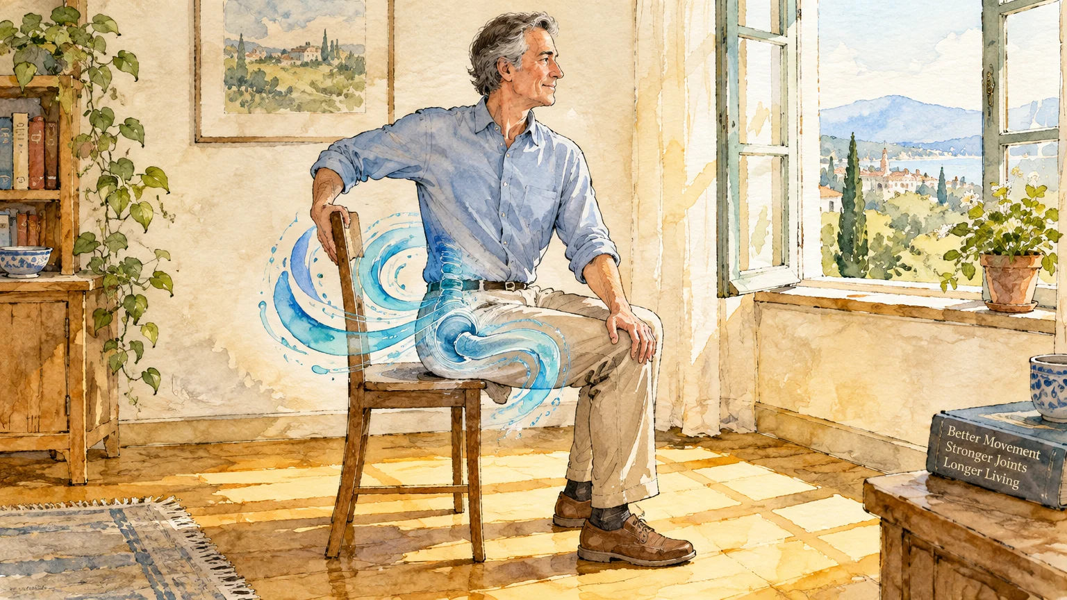 Watercolor illustration of a man seated on a chair twisting his torso, with swirling blue fluid highlighting his spine.