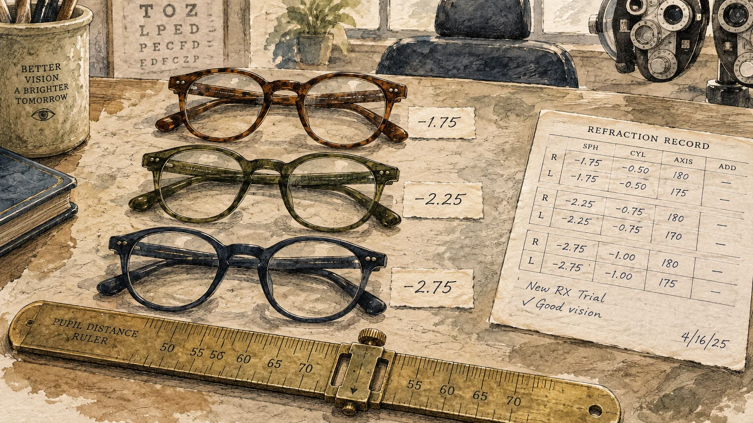 Three pairs of eyeglasses resting beside prescription tags, a refraction record card, and a vintage pupil distance ruler.