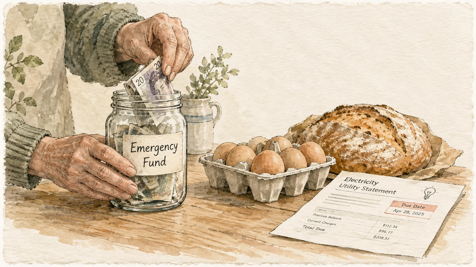 Hands taking money from an emergency fund jar beside eggs, bread, and an electricity utility bill on a table.