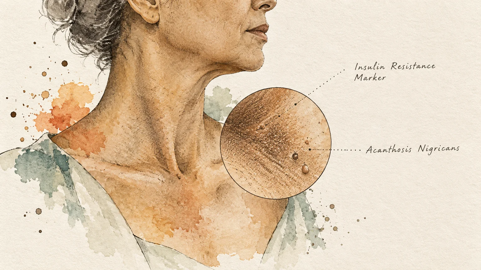 Watercolor illustration of a person's neck with an inset circle showing skin tags labeled with acanthosis nigricans.