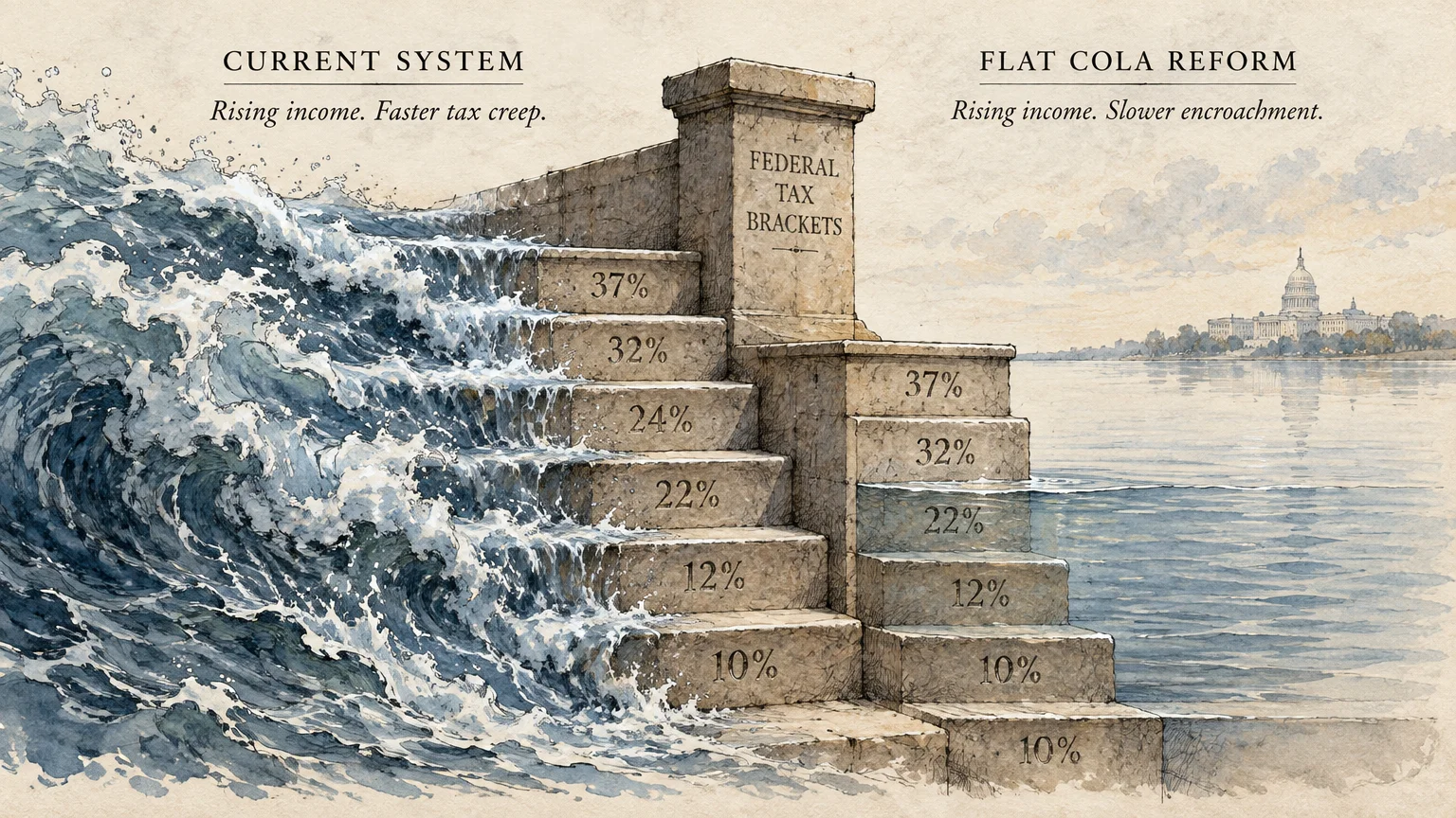 Stone steps marked with tax brackets face turbulent waves on the left and calm water near the Capitol on the right.