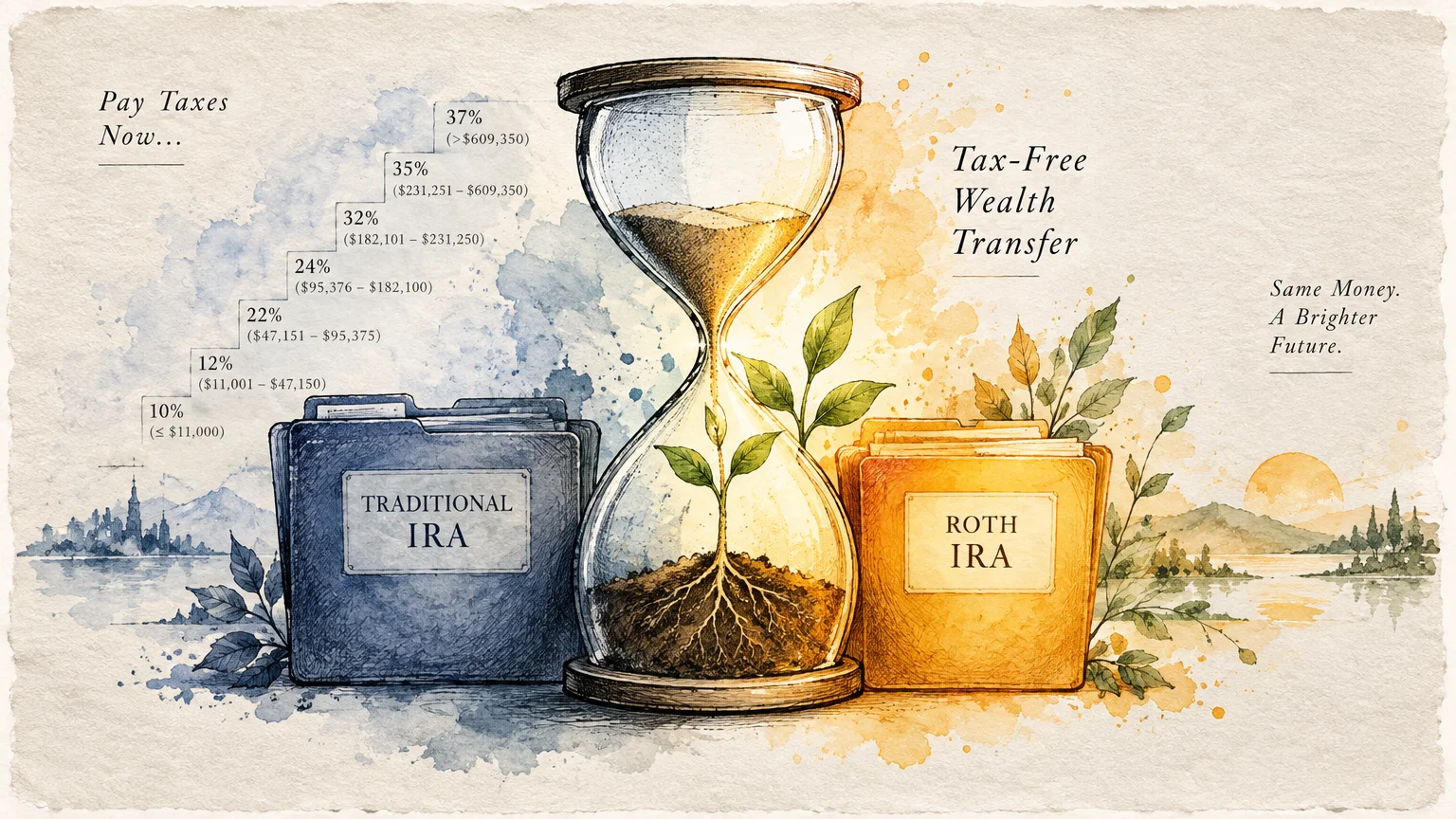 Hourglass with a growing plant between Traditional IRA and Roth IRA folders alongside an ascending tax bracket chart.