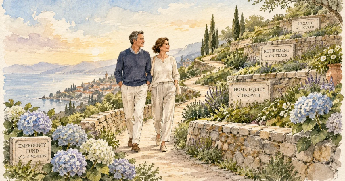 Watercolor illustration of a couple walking along a coastal path lined with stone signs representing financial milestones.