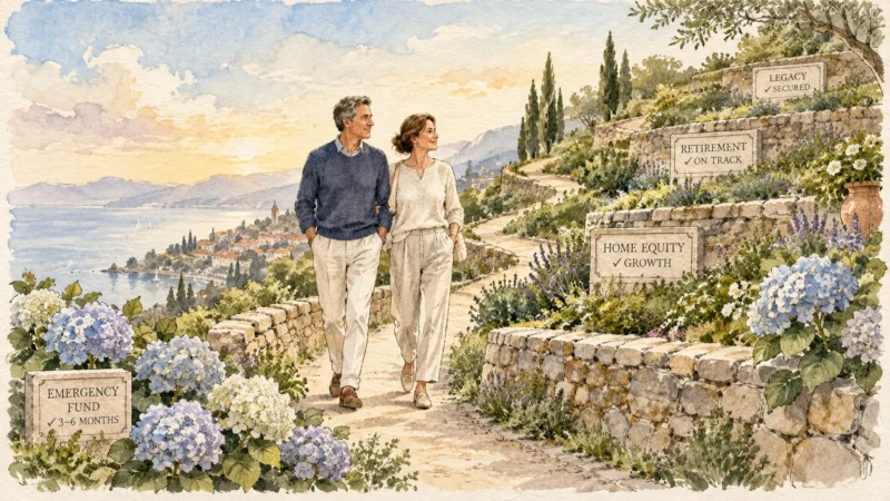 Watercolor illustration of a couple walking along a coastal path lined with stone signs representing financial milestones.