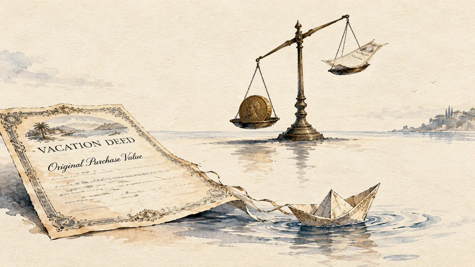 Watercolor illustration of a vacation deed unravelling into a paper boat beside a balance scale weighing a coin.