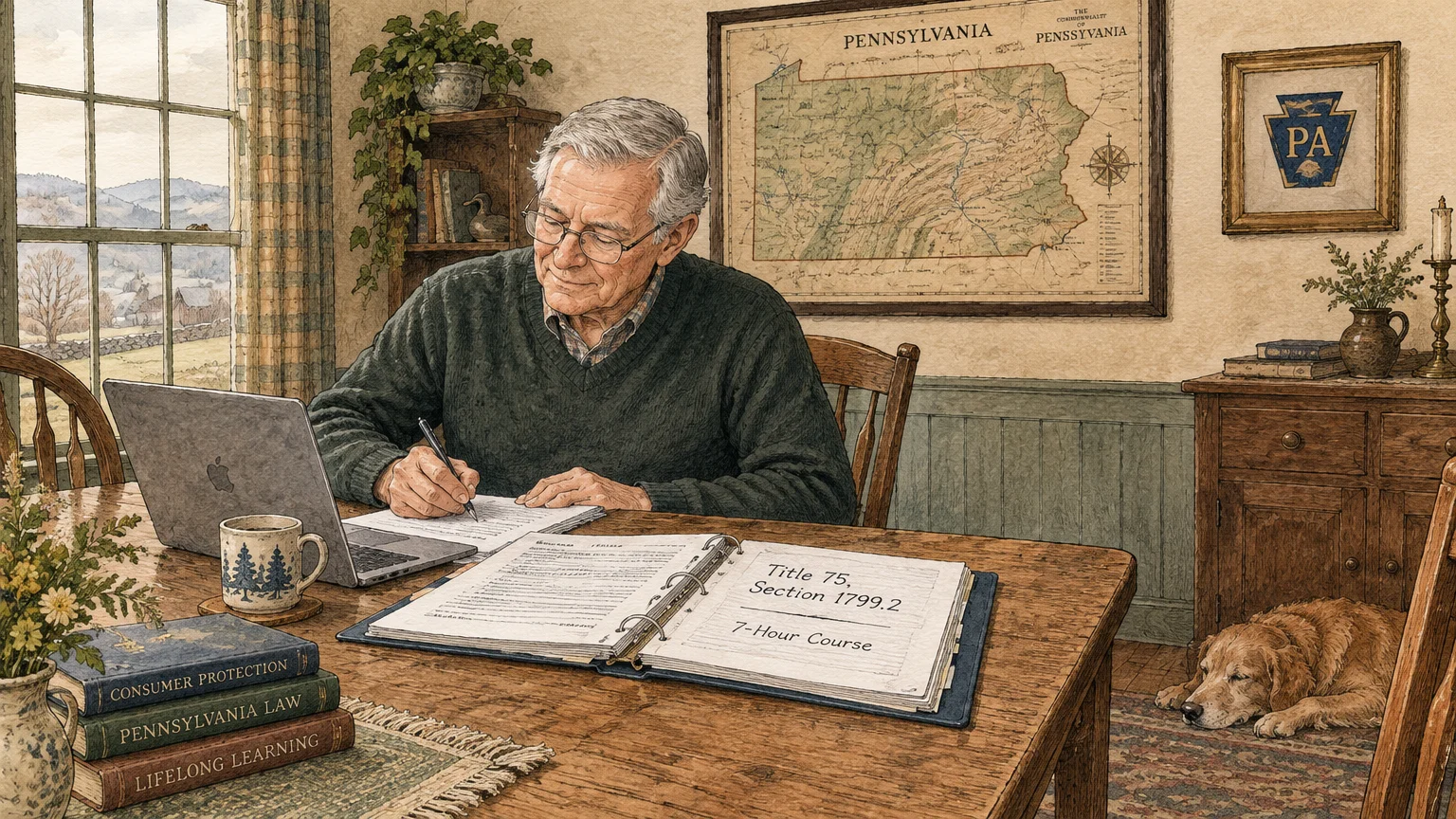 Illustration of an older man studying course materials at a wooden table with a laptop, wall map, and sleeping dog.